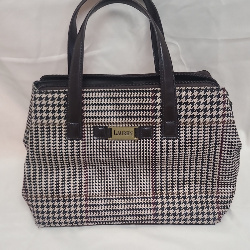 Lauren Ralph Lauren Houndstooth Satchel & Wallet Set Brown Vintage Chic - Picture 5 of 9